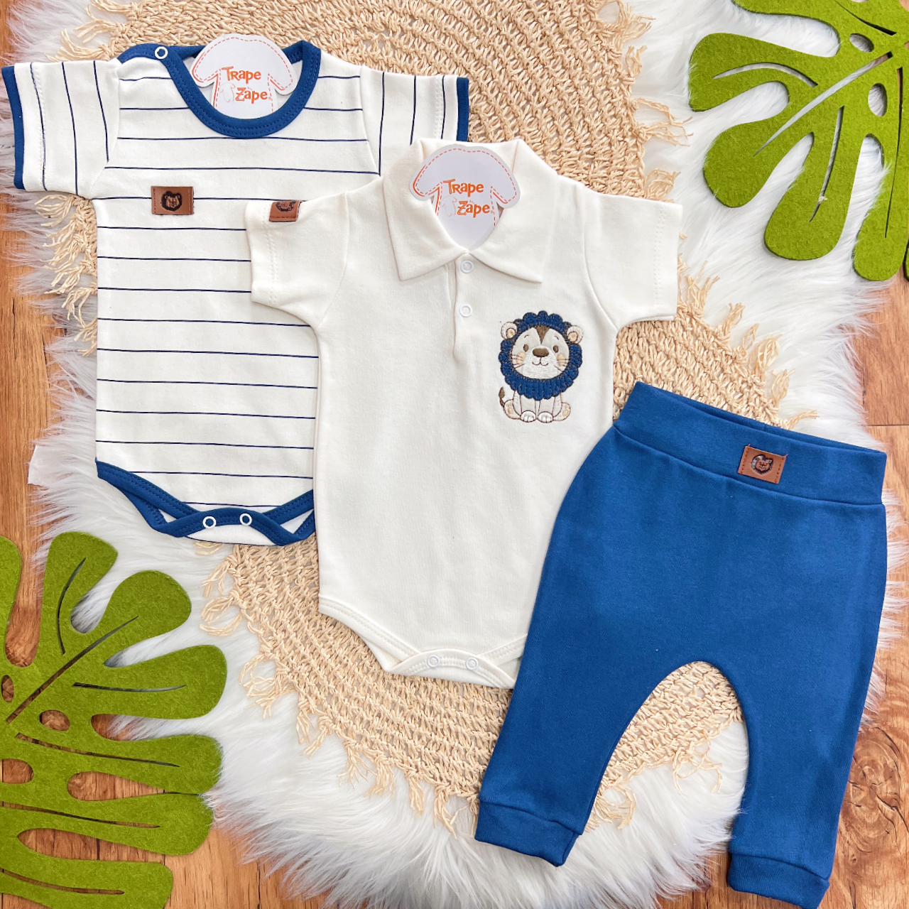 Conj. de Malha 3 peças - Leão com Jubinha - Azul Jeans com Off White